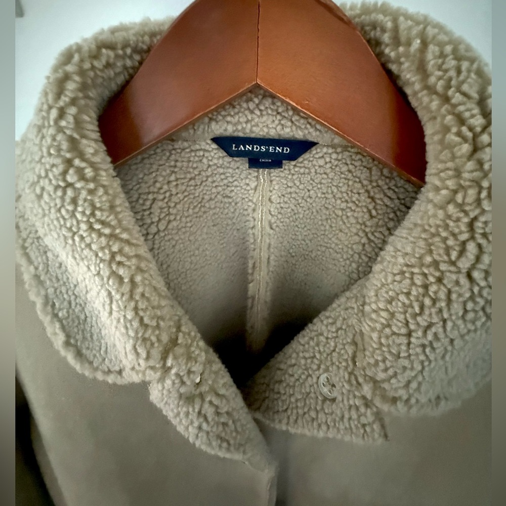 Women's Suede Sherpa Coat Jacket Lands End Cream FAUX Shearling Pea Coat Size L - Picture 2 of 16